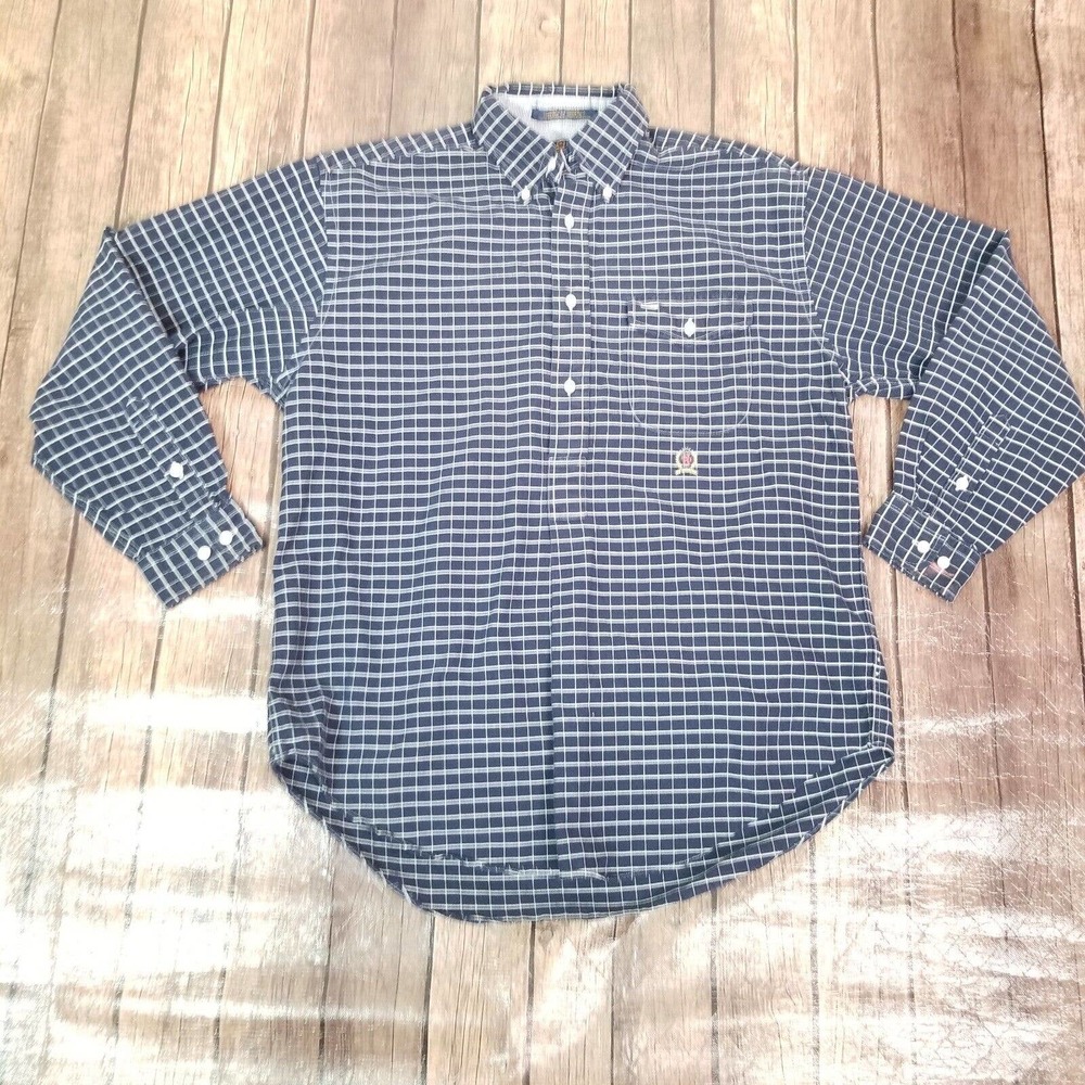 Tommy Hilfiger Mens‎ Shirt Blue M Medium 1/4 Button Down Check Print Long Sleeve
